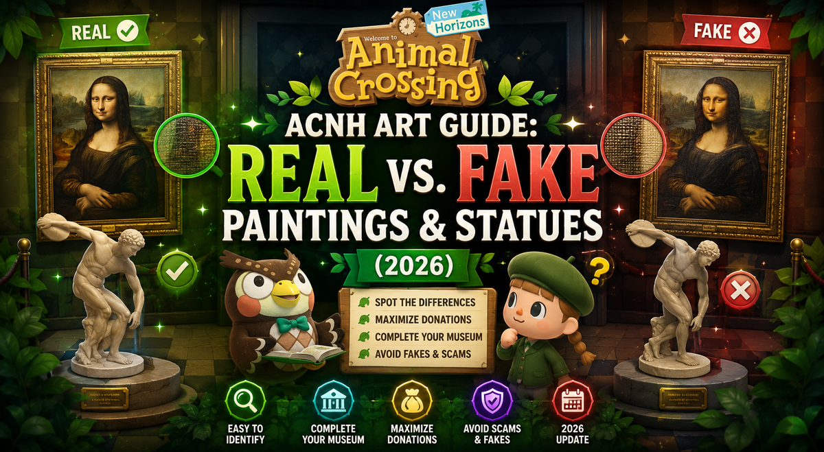 ACNH Art Guide 2026 showing real and fake paintings and statues