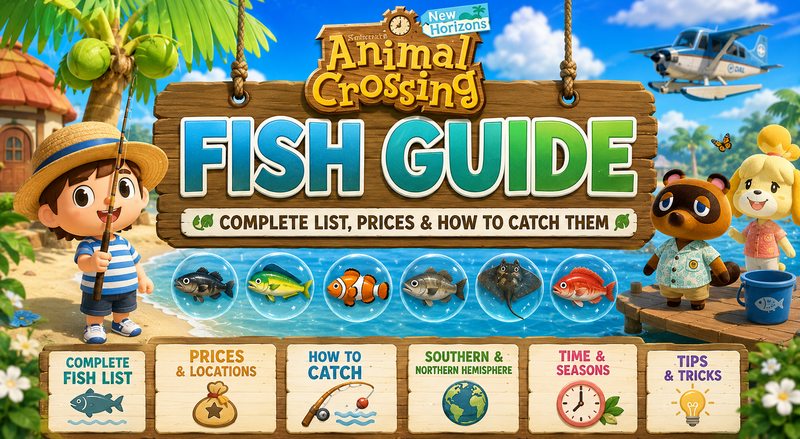 ACNH Fish Guide 2026 with fishing tips, fish bait, and museum progress
