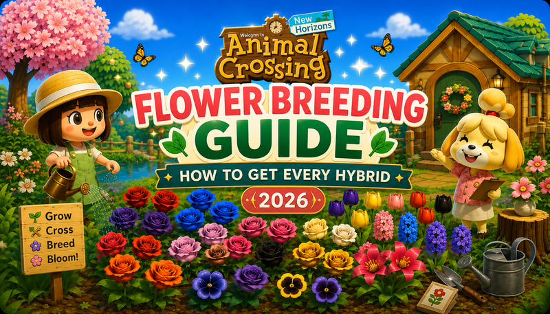 ACNH Flower Breeding Guide 2026 for hybrid flowers, blue roses, and garden layouts