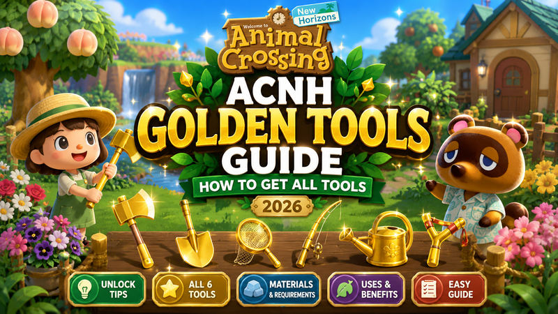 ACNH Golden Tools Guide 2026 featuring all six golden tools