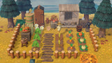 Animal Crossing Cozy Harvest Garden room design with raised beds of ripe carrots, potatoes, wheat and pumpkins, a scarecrow, wooden storage shed, water pump, senmaizuke barrels and veggie basket among cedar trees inside a log fence