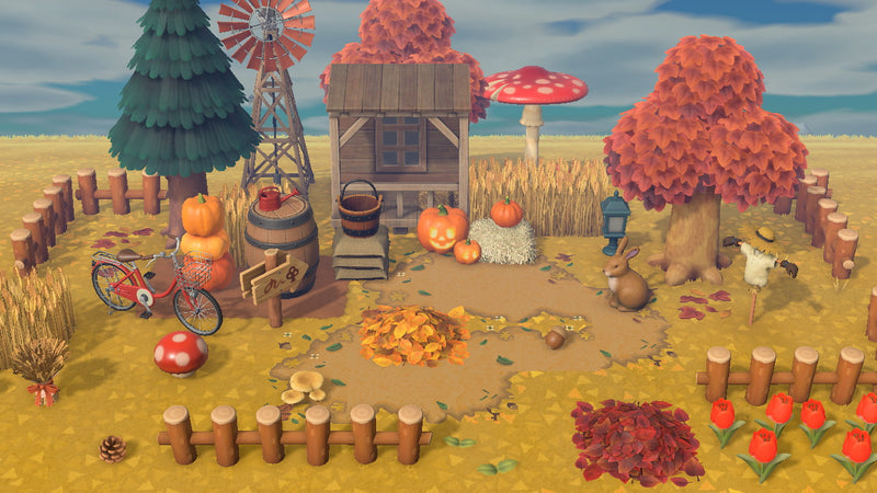 Animal Crossing Autumn Farmstead room design with a windmill, timber storefront, gold wheat field, stacked pumpkins, red cruiser bike, jack o lanterns, rabbit garden decoration and scarecrow under red maple trees inside a country fence