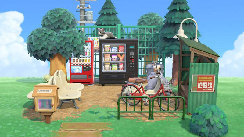 Animal Crossing Park Rest Area room design with drink and snack machines, a cat plushie, bus shelter, public benches, red cruiser bike and scooter under cedar trees