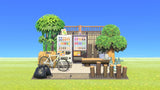 Animal Crossing Midnight Soju Corner room design with two drink machines against a wooden lattice wall, a log bench set with dinnerware and soju bottles, log stake stools, a white mountain bike and black trash bags under bamboo