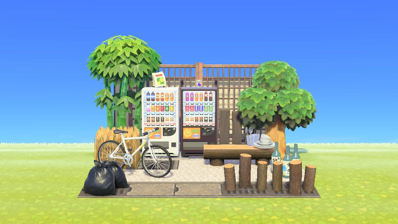 Animal Crossing Midnight Soju Corner room design with two drink machines against a wooden lattice wall, a log bench set with dinnerware and soju bottles, log stake stools, a white mountain bike and black trash bags under bamboo