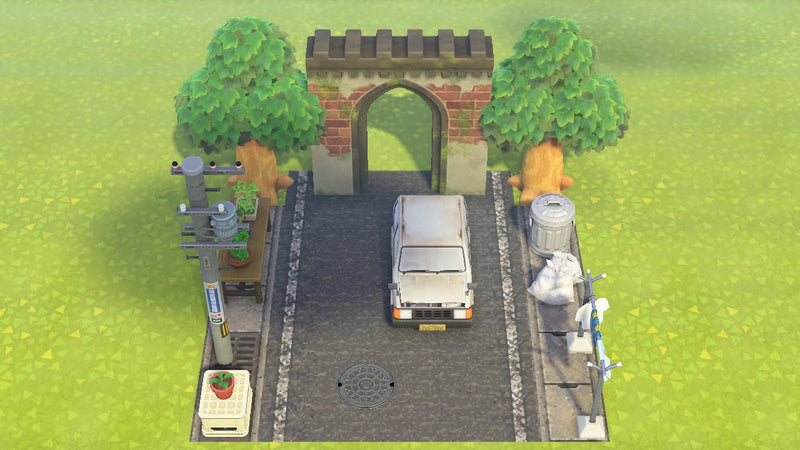 Animal Crossing Brick Gate Alley room design with a brick castle gate over an asphalt road, a damaged white minicar, utility pole, bonsai shelf, garbage can, trash bags and a manhole cover between hardwood trees