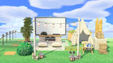 Animal Crossing Mini Outdoor Movie room design with a projection screen, party lights arch, cushions on a pastel picnic rug, a kids' tent and bamboo partitions