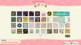 Animal Crossing Custom Designs menu showing the pastel picnic rug pattern used in Mini Outdoor Movie, creator code MA-4170-9183-3024